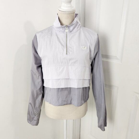 Adidas Track Jacket Womens M Gray Belista Cropped 1/4 Zip Trefoil Tiered Ruffle - Picture 1 of 16